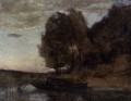 Pêcheur naviguant sur un paysage boisé Jean Baptiste Camille Corot